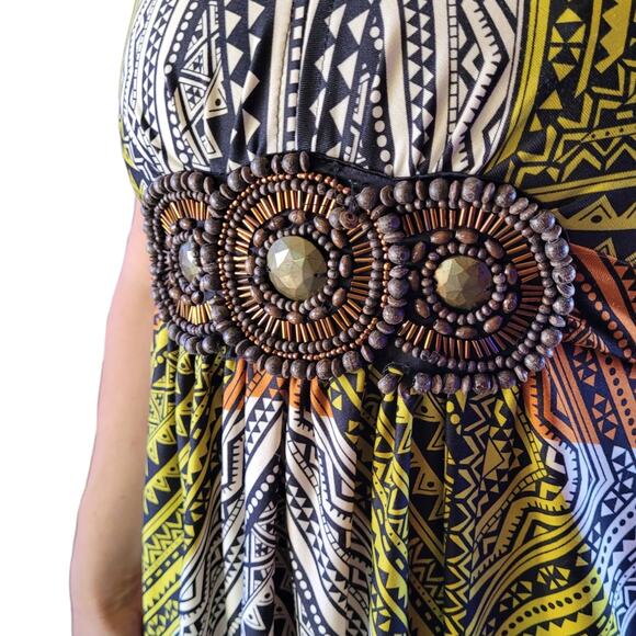 ICE Colorful Tribal Aztec Beaded Midi Dress Womens XS Sleeveless Vacation Boho - Picture 3 of 10